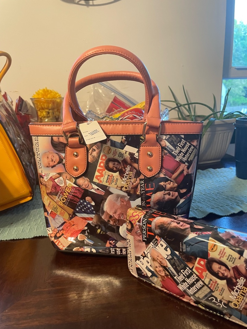Printed Magazine Collage Satchel Handbag in Pink
